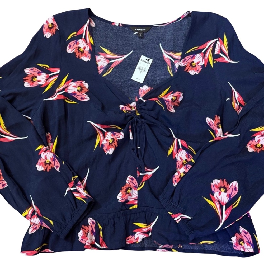 Express Floral Peplum Blouse XL NWT Navy Long Sleeve Tie Front Top